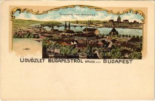 Budapest, Az új országház Budáról nézve, Szilágyi Dezső téri református templom, Blum-féle részvénytársaság gőzmalom. Art Nouveau litho (EK)