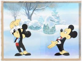 cca 1970 Walt Disney Mickey Mouse, Miki-egér. Két db eredeti fázisrajz a rajzfilmből. Film, tus. 20x26 cm + hozzá kézzel rajzolt háttér. Akvarell, karton. /        cca 1970 Walt Disney Mickey Mouse, Mickey Mouse. Two original phase drawings from the cartoon. Movie, dude. 20x26 cm + hand-drawn background. Watercolor, cardboard.