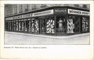 1930 Budapest V. Mössmer József asztalnemű menyasszonyi kelengye üzlete hátoldalon az üzlet reklámjával, Koronaherceg utca 12. főpostával szemben (szakadás / tear)