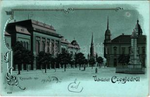 1900 Cegléd, Kossuth tér, városháza, Szentháromság szobor. Sebők Béla kiadása, Art Nouveau, litho (gyűrődés / crease)