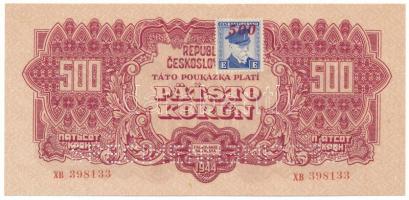 Csehszlovákia 1944. 500K "SPECIMEN" (minta) perforációval, felülbélyegzett csehszlovák bélyeggel T:F szép papír Czechoslovakia 1944. 500 Korun with "SPECIMEN" perforation with overprinted Czechoslovak stamp C:F fine paper Krause P#49