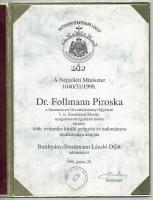 1998 Batthyány-Strattmann László díj adományozó oklevele, Kökény Mihály (1950- ) népjóléti miniszter aláírásával, bársonyborítású dísztokban