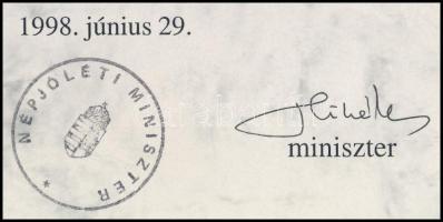 1998 Batthyány-Strattmann László díj adományozó oklevele, Kökény Mihály (1950- ) népjóléti miniszter...