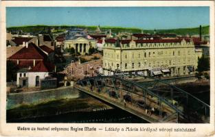 Nagyvárad, Oradea; Látkép a Mária királyné városi színházzal, híd, üzletek / theatre, bridge, shops (szakadás / tear)