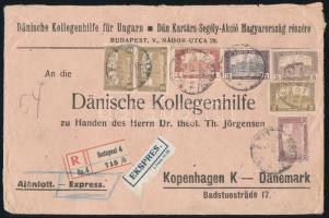 1920 Expressz ajánlott levél Koppenhágába 15,50K 7 bélyeges Parlament bérmentesítéssel