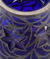 Murano királykék üveg váza, ezüst (Ag) rátett díszítménnyel, m: 10,5 cm