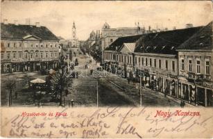 1905 Nagykanizsa, Erzsébet tér és Fő út, piac, Singer József és társa és Rosenberg Manó üzlete (EK)