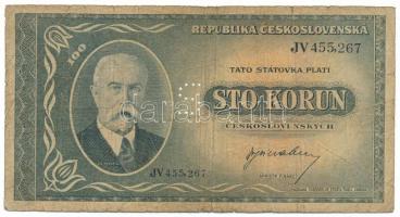 Csehszlovákia 1945. 100K perforált S betűvel T:VG Czechoslovakia 1945. 100 Korun with perforated S C:VG Krause P#63s