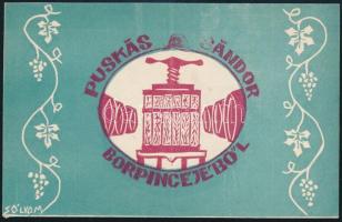 ,,Puskás Sándor borpincéjéből" címke, szign.: Sólyom, 12x7,5 cm