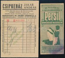 cca 1930 Csipkeház, Jakab András fejléces számla/reklámlap, kétoldalas + Persil önműködő mosószer számolócédula, foltos
