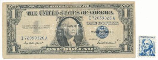 Amerikai Egyesült Államok 1957. 1$ "Silver Certificate" kék pecséttel (Szign.:Ivy Baker Priest &amp; Robert Bernard Anderson) + tematikailag hozzáillő bélyeggel T:F, kis beszakadások, kereszthajtásnál pici lyuk USA 1957. 1 Dollar "Silver Certificate" with blue seal (Sign.:Ivy Baker Priest &amp; Robert Bernard Anderson) + with a thematically appropriate stamp C:F, small tears, tiny hole at the cross-fold Krause P#419