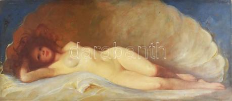 Szánthó Mária (1897-1998): Vénusz a kagylóban, 1938. Olaj, karton, jelezve jobbra fent, hátoldalán Szánthó Mária autográf feliratával és datálásával, 30×69 cm / oil on board, signed