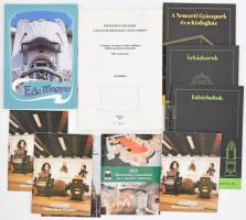 Vegyes könyvtétel, építészeti témában, 10 db:  Pécs - Ókeresztény mauzóleum és a "korsós' sírkamra.; Budapest - A kőbányai Szent László plébániatemplom.; Budapest - Malomipari múzeum, 3 db.; A Nemzeti Gyászpark és a kisfogház. NÖRI füzetek 5.; Árkádsorok. NÖRI füzetek 22.; Falsírboltok. NÖRI füzetek 16.; Bakonyi, Tibor: Ede Magyar.; Építészeti emlékek a Magyar Országos Levéltárban. A Magíyar Országos Levéltár kiállítása a millecentenárium tiszteletére. 1996. szeptember. Katalógus. A borítón kivágással.;