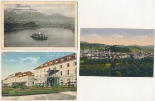 3 db régi szlovén városképes lap: Ljubljana, Rogaska Slatina, Bled / 3 pre-1945 Slovenian town-view postcards