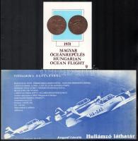 1991 "60 éves a magyar óceánrepülés" 1931-1991 (Endresz György - Magyar Sándor) fém éremmel díszített emléklap + Angyal László: Hullámzó láthatár, fotóalbum a repülésről, könyvismertető reklámlap