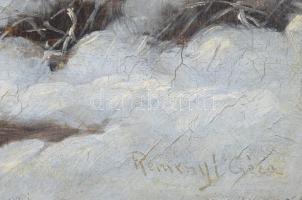 Reményi Géza: (XX. sz. első fele): Téli táj. Olaj, vászon, jelezve jobbra lent. Fakeretben, 65,5×100...