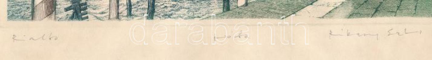 Rékassy Eszter (1966-): Rialto (Velence). Színes rézkarc, papír, jelzett, próbanyomat, 10,5×21 cm