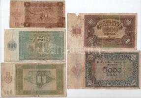 Horvátország / Független Horvát Állam 1941. 10K - 1000K (4xklf) + 1943. 5000K C:VG, anyaghiány
Inde...