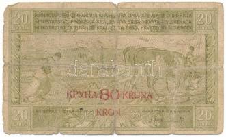 Jugoszlávia / Szerb-Horvát-Szlovén Királyság 1919. 20D piros "80K" felülbélyegzéssel T:VG, nagyobb szakadások, pici lyukak Yugoslavia / Kingdom of the Serbs, Croats and Slovenes 1919. 20 Dinara with red "80 Kruna" overprint C:VG, huge tears, tiny holes Krause P#18