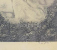 Papp János (XX. sz.): Padon olvasó hölgy. Ceruza, papír, jelzett, üvegezett fakeretben, 39,5×30 cm