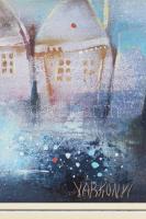 Várkonyi János (1947-): Domboldali házak, 1998. Olaj, farost. Jelzett. A hátoldalán autográf felirat...