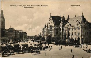 1912 Kecskemét, városháza, színház, római katolikus bérház barátok temploma, Kossuth szobor, Spieler Ignác és fia áruháza, gyógyszertár, tér. G. Fekete Mihály kiadása