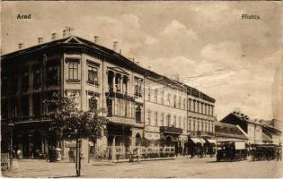 1917 Arad, Fő utca, Első Magyar Általános Biztosító Társaság, Magyar Francia Biztosító R.-T. főügynöksége, lóvasút. Vasúti levelezőlapárusítás 6929. / main street, insurance company, horse-drawn tram (fa)