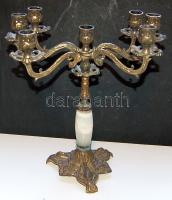 ~1920 6+1 ágú réz gyertyatartó onix markolattal, 33cm-es magassággal, kisebb kitöréssel a fogantyúján