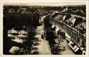 1938 Losonc, Lucenec; látkép, üzletek, zsinagóga / general view, shops, synagogue + "1938 Losonc visszatért" So. Stpl. (fl)