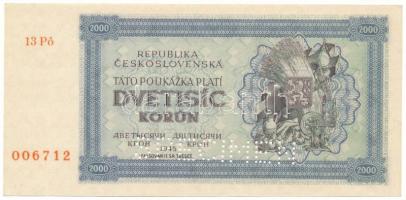 Csehszlovákia 1945. 2000K "SPECIMEN" perforációval, "13 Pô 006712" T:F szép papír Czechoslovakia 1945. 2000 Korun with "SPECIMEN" perforation, "13 Pô 006712" C:F fine paper Krause 50A.s