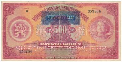 Csehszlovákia 1929. 500K "SPECIMEN" perforációval és kék "SLOVENSKY STAT" felülbélyegzéssel T:VG Czechoslovakia 1929. 500 Korun perforated "SPECIMEN" and blue "SLOVENSKY STAT" overprint C:VG Krause 24.s