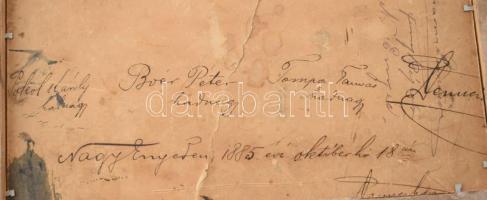 1885 Nagyenyed, huszárok csoportképe, fotó üvegezett keretben, hátoldalon feliratozva, 14,5×19,5 cm