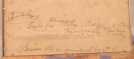 1885 Brassó, katonák csoportképe, fotó üvegezett keretben, hátoldalon feliratozva, 14,5×19,5 cm