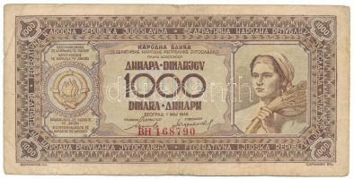 Jugoszlávia 1946. 1000D T:F, szakadás Yugoslavia 1946. 1000 Dinara C:F, tear Krause P#67