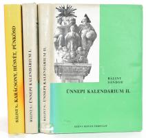 Bálint Sándor 2 műve: Ünnepi kalendárium I-II. köt. A Mária-ünnepek és jelesebb napok hazai és közép-európai hagyományvilágából. I. köt.: december 1. - június 30. II. köt.: július 1- november 30. Bp., 1977, Szent István-Társulat, 527+1; 561+1 p. Első kiadás. Kiadói egészvászon kötésben, kiadói papír védőborítóban, a papírborítókon kopásnyomokkal, az I. kötet címkével, a II. kötet gerincén kis sérüléssel, intézményi bélyegzővel.; Karácsony, húsvét, pünkösd. A nagyünnepek hazai és közép-európai hagyományvilágából. Bp., 1989, Szent István-Társulat, 403+1 p. Harmadik kiadás. Kiadói egészvászon kötésben, kiadói kissé szakadt papír védőborítóban, papírborítón kis kopásnyomokkal.