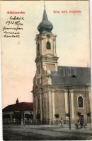 1913 Békéscsaba, Római katolikus templom. Hátoldalon Wágner "Hangszer-Király" reklám (EK)