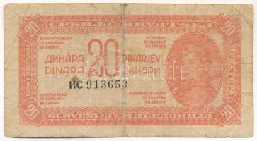 Jugoszlávia 1944. 20D T:VG, pici lyukak Yugoslavia 1944. 20 Dinar C:VG, tiny holes Krause P#51