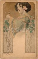 1906 New Year, champagne, clovers. Theo Stroefer, Ser. 497. N. 6. Art Nouveau, litho