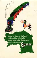 Warum ins Blaue nur die Fahrt? Ins Grüne fährt sich besser! Komm in die grüne Steiermark und trink das gute Gösser. Gösser Brauerei A.G. Leoben-Göss, Steiermark-Austria / Austrian Gösser beer advertisement