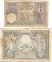 Jugoszlávia 1929. 100D "I. Sándor" vízjel +1931. 1000D T:F-VG, nagy folt, pici szakadások
...
