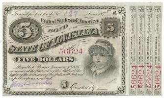 Amerikai Egyesült Államok / Louisiana ~1880. Louisiana Állam Kötvénye 5$ értékben, szelvényekkel T:AU / USA / Louisiana ~1880. Bond of the State Louisiana in value of 5 Dollars with coupons C:AU