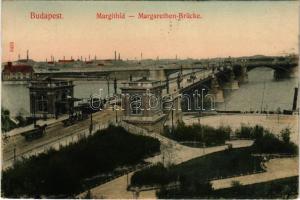 1909 Budapest, Margit híd budai hídfő, pesti gyárak, villamos, Margitsziget. Taussig A. 5458. (fl)