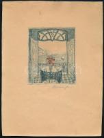 Kron Jenő (1882-1974): Csendélet tájban. Színezett rézkarc, papír, jelzett. Ázásnyomokkal. 11x9,5 cm