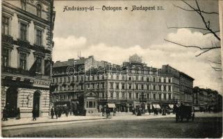 Budapest VI. Andrássy út, Octogon tér, , "Magyar Szó" szerkesztősége, Redlich Zsigmond és Fuchs Fülöp üzlete, kávéház, Cseléd Intézet, Poldi Kohó