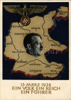 1938 März 13. Ein Volk, ein Reich, ein Führer. Photo Hoffmann (München) / Adolf Hitler, NSDAP German Nazi Party propaganda, map, swastika. + "10 April 1938" So. Stpl