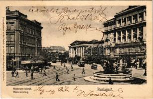 1908 Budapest VIII. Múzeum körút, Kálvin tér, Nemzeti Múzeum, villamosok, szökőkút