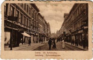 1916 Lviv, Lwów, Lemberg; Ul. Sykstuska. Salonu Majarzy Polskich / street, Atlas shop, tram (fa)