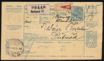 1921 Teljes csomagszállító 43K bérmentesítéssel / Complete parcel card with 43K franking "BUDAP...