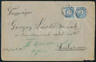 1898 10kr pár ajánlott levélen "MURÁNY / GÖMÖR M." - "MISKOLCZ / BORSOD M."