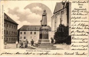 1902 Nagyszeben, Hermannstadt, Sibiu; Tér és Teutsch püspök szobra. Karl Graef / Huetplatz mit Teutsch Denkmal / square, statue (fa)